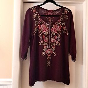 Johnny Was Burgandy Tunic Style Blouse  w Embroidery szS Nice Condition